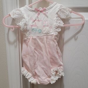 Vintage 80s Carter's Pink‎ White Bunny Cookies & Milk Baby Girls Romper Sz 3 mo.